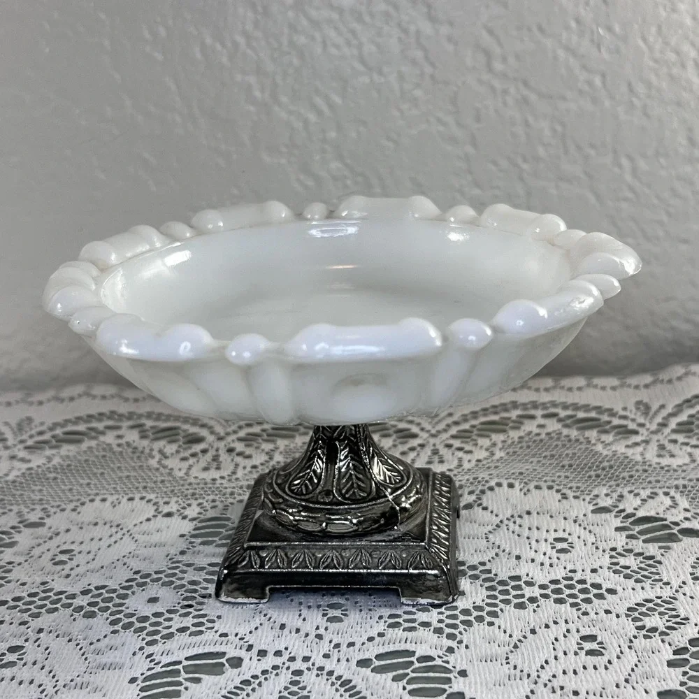 Vintage pedestal dish white glass metal footed soap trinket tray